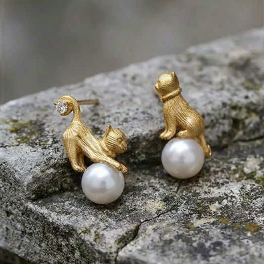 Vintage Golden Kitty Pearl Earrings