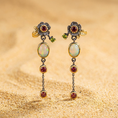Boho Earrings with Opal and Red Zirconia