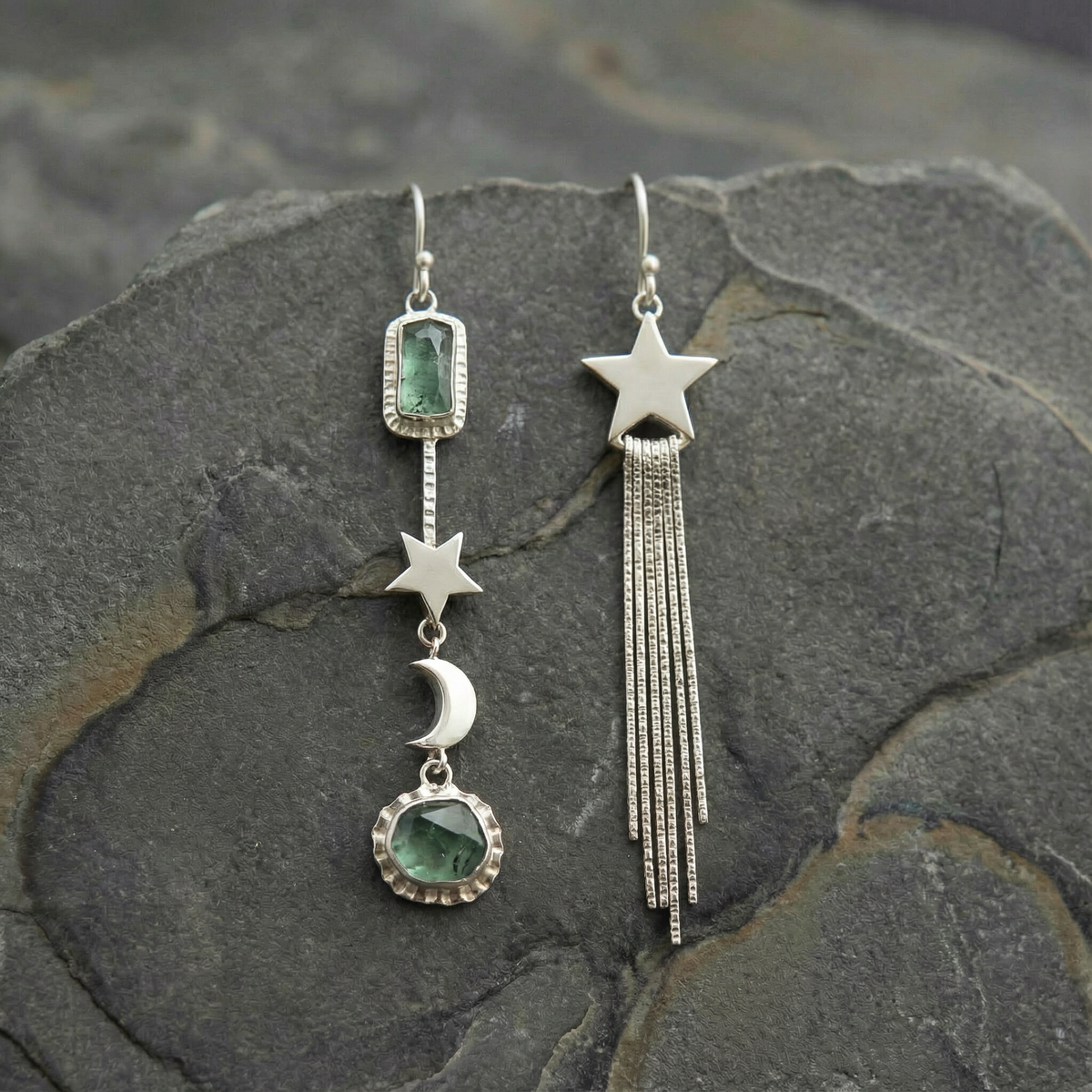 Vintage Asymmetric Star Tassel with Moon and Crystals Inlay  Earrings