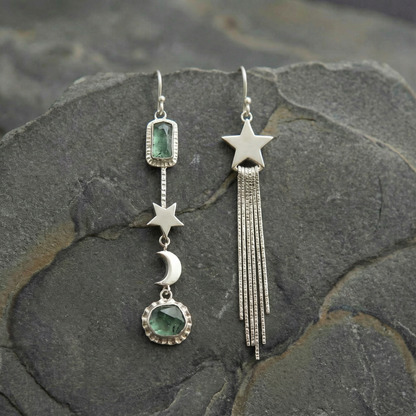 Vintage Asymmetric Star Tassel with Moon and Crystals Inlay  Earrings