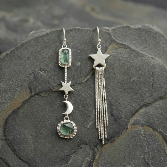 Vintage Asymmetric Star Tassel with Moon and Crystals Inlay  Earrings