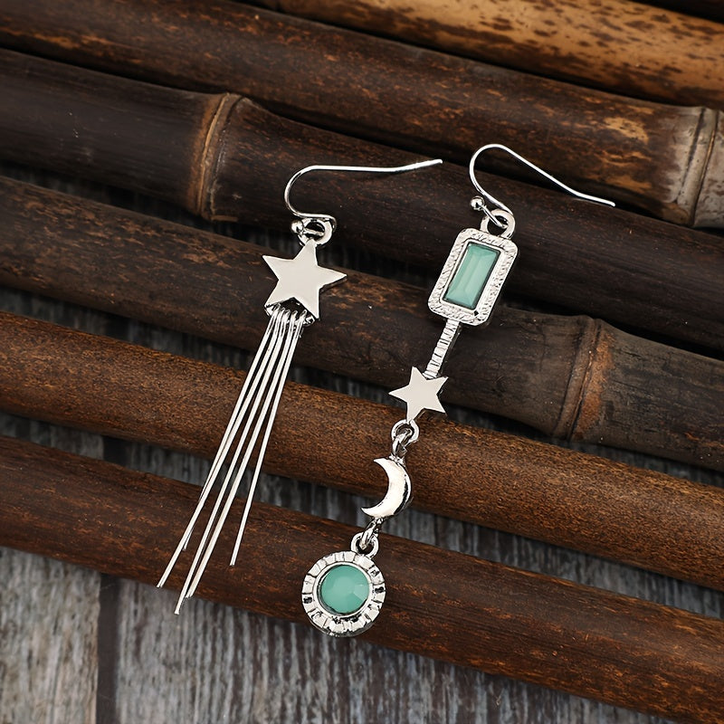 Vintage Asymmetric Star Tassel with Moon and Crystals Inlay  Earrings