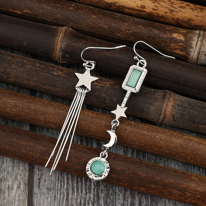 Vintage Asymmetric Star Tassel with Moon and Crystals Inlay  Earrings