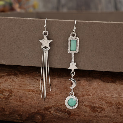 Vintage Asymmetric Star Tassel with Moon and Crystals Inlay  Earrings
