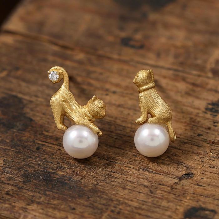 Vintage Golden Kitty Pearl Earrings
