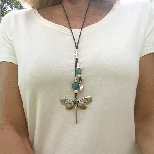 Vintage Bohemian Style Metallic Dragonfly Pendant Leather Cord Necklace