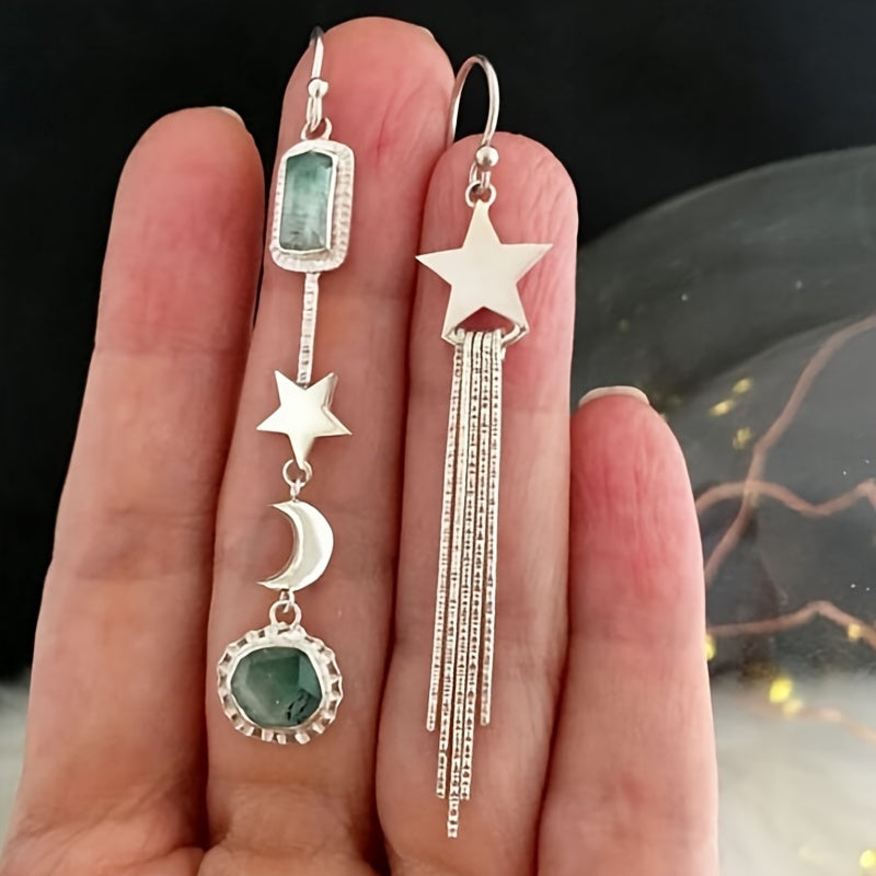 Vintage Asymmetric Star Tassel with Moon and Crystals Inlay  Earrings