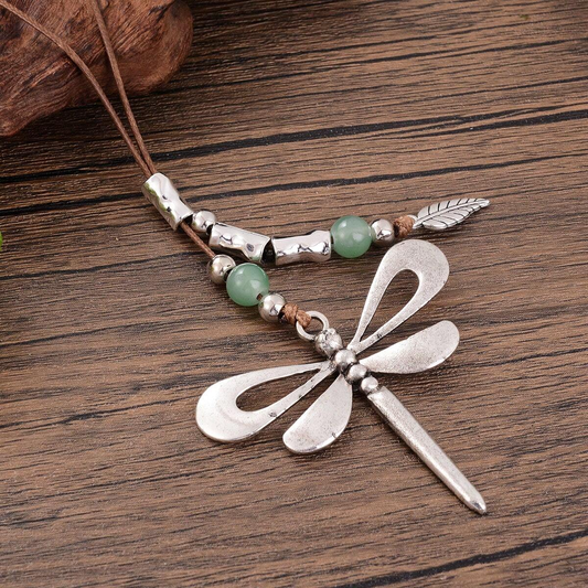 Vintage Bohemian Style Metallic Dragonfly Pendant Leather Cord Necklace