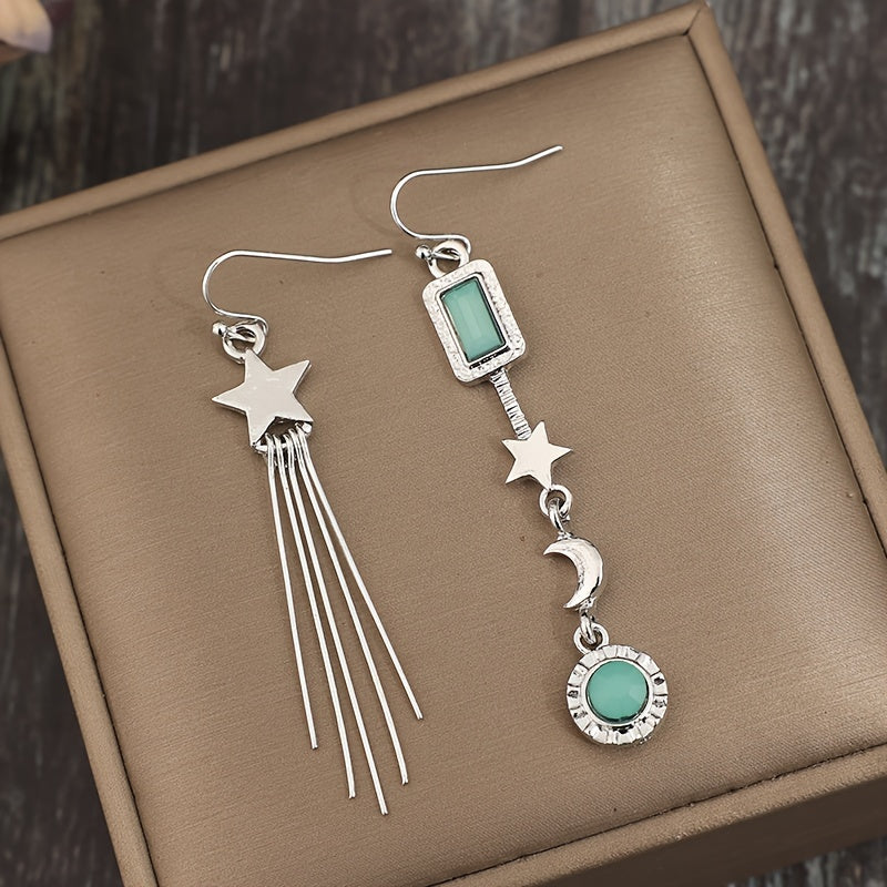 Vintage Asymmetric Star Tassel with Moon and Crystals Inlay  Earrings