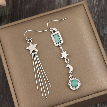 Vintage Asymmetric Star Tassel with Moon and Crystals Inlay  Earrings