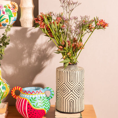 Black Geometric Handpainted Paper Mache Vase
