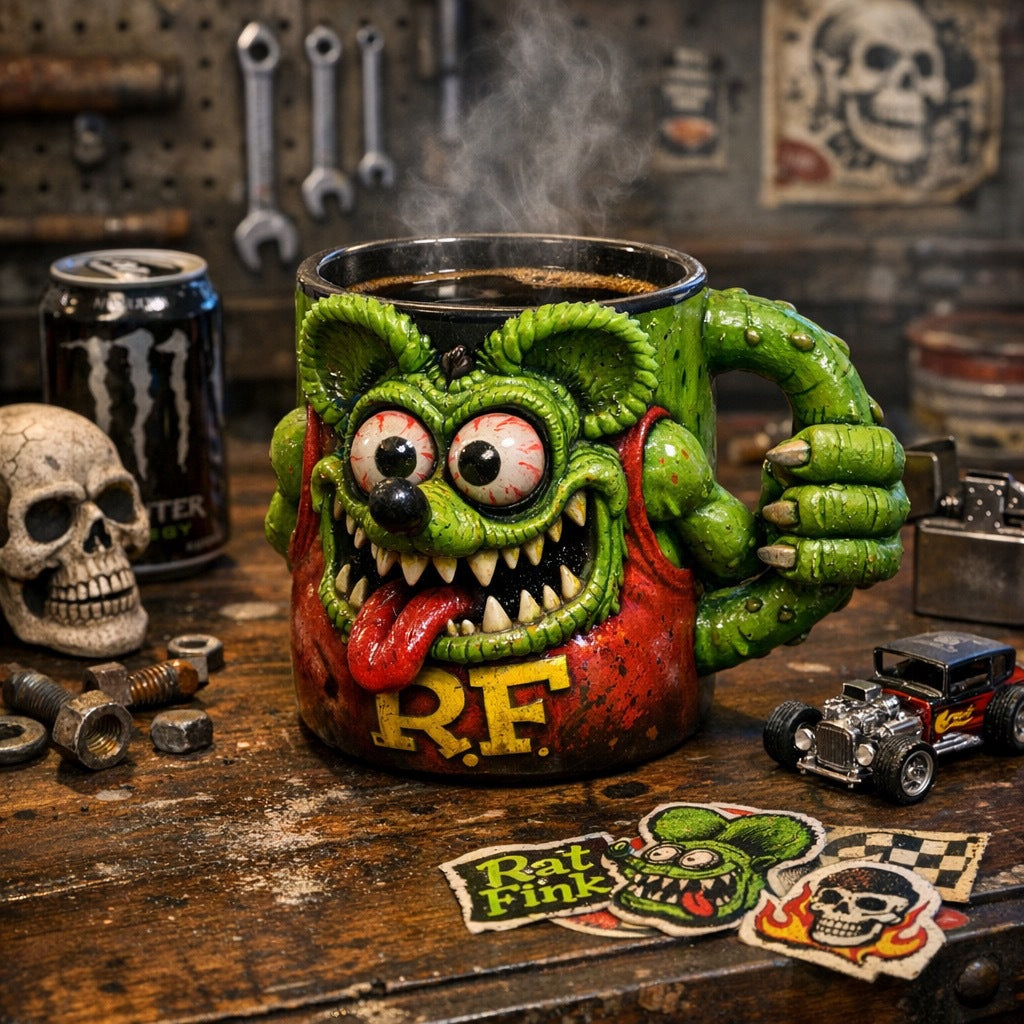 Rat Fink 3D Sculpted Mug – Retro Hot Rod Culture Ceramic Coffee Cup with Bold RF Logo🔥