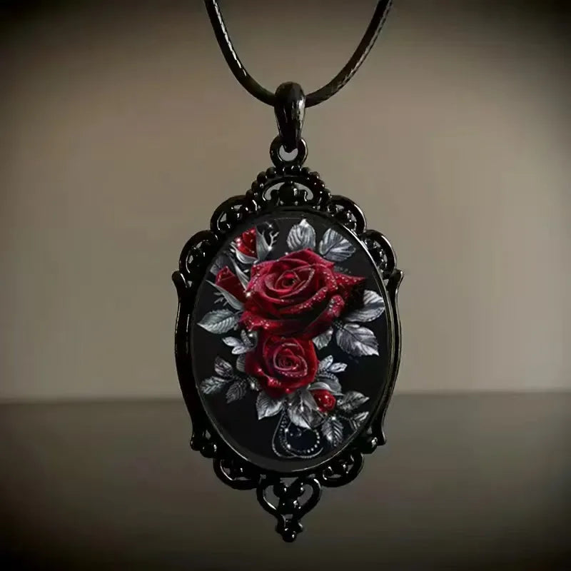 Charm Pink Flower Pendant Necklace Rose Pattern Glass Ellipse - A niche style suitable for Romantic Gifts and Special Occasions🏆