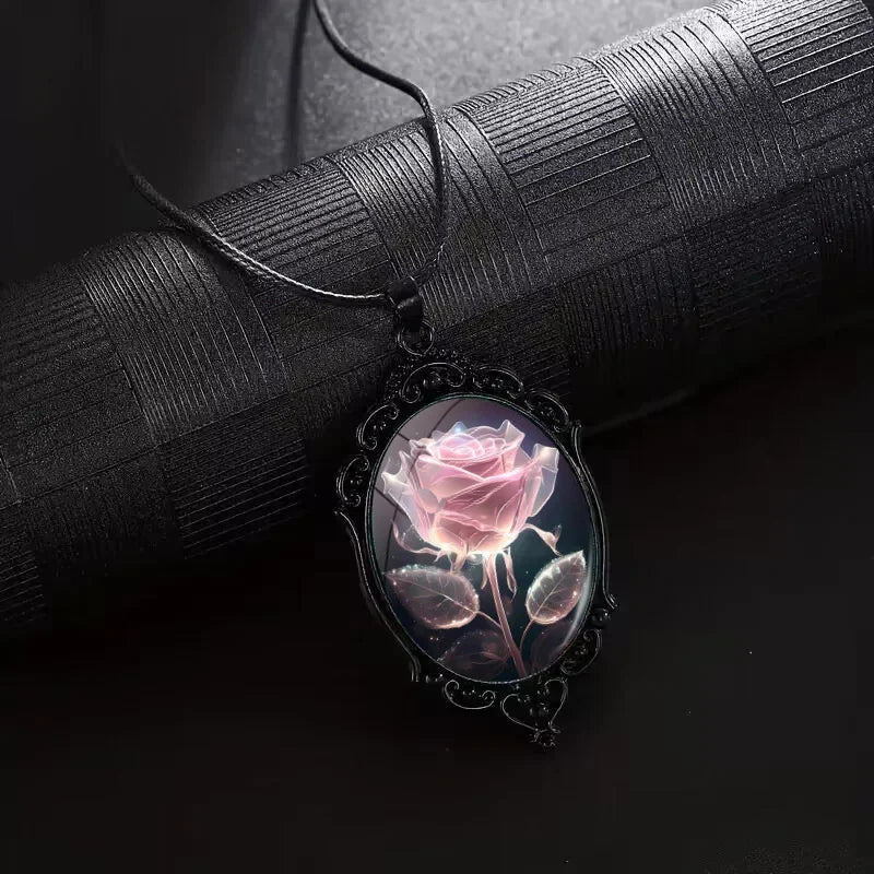 Charm Pink Flower Pendant Necklace Rose Pattern Glass Ellipse - A niche style suitable for Romantic Gifts and Special Occasions🏆