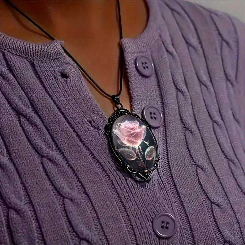 Charm Pink Flower Pendant Necklace Rose Pattern Glass Ellipse - A niche style suitable for Romantic Gifts and Special Occasions🏆