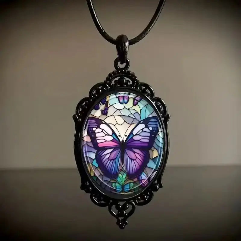 Charm Pink Flower Pendant Necklace Rose Pattern Glass Ellipse - A niche style suitable for Romantic Gifts and Special Occasions🏆