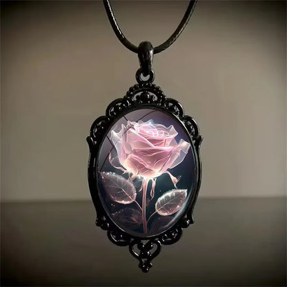 Charm Pink Flower Pendant Necklace Rose Pattern Glass Ellipse - A niche style suitable for Romantic Gifts and Special Occasions🏆
