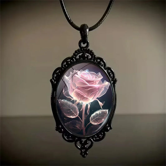Charm Pink Flower Pendant Necklace Rose Pattern Glass Ellipse - A niche style suitable for Romantic Gifts and Special Occasions🏆