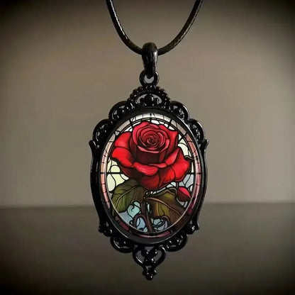 Charm Pink Flower Pendant Necklace Rose Pattern Glass Ellipse - A niche style suitable for Romantic Gifts and Special Occasions🏆