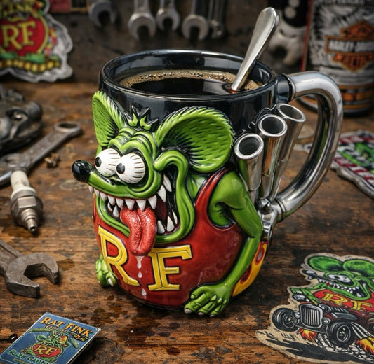 Rat Fink 3D Sculpted Mug – Retro Hot Rod Culture Ceramic Coffee Cup with Bold RF Logo🔥