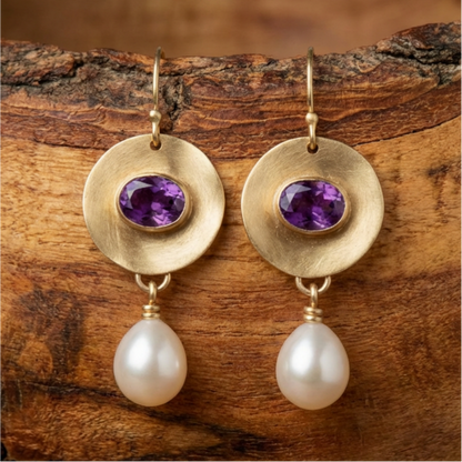 Vintage Golden Purple Zirconia Pearl Earrings