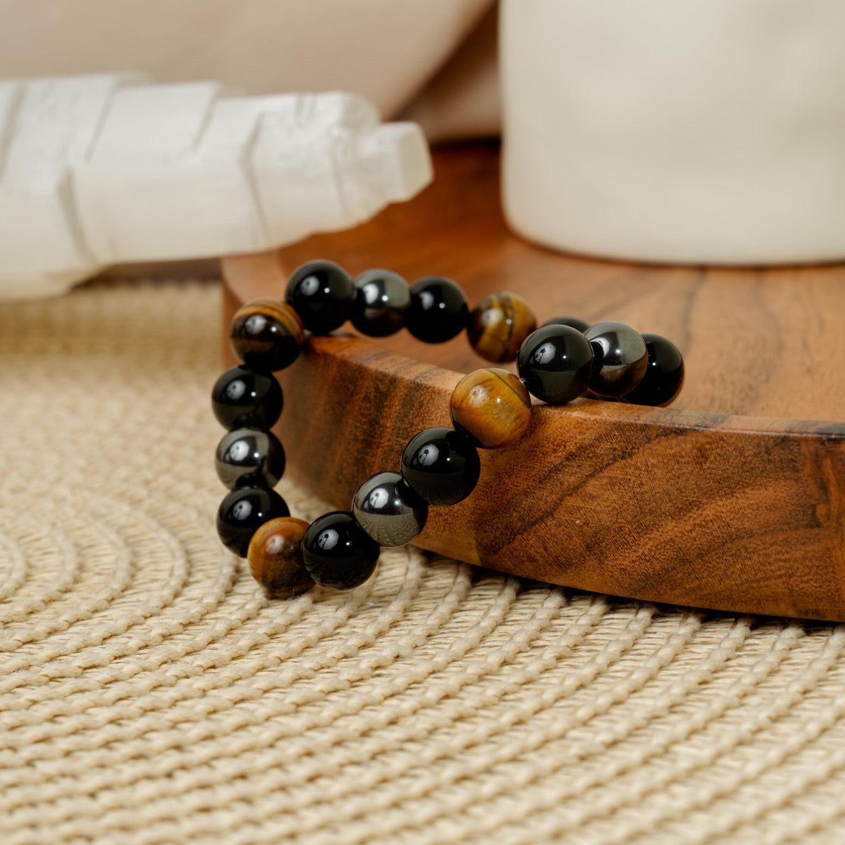 🏆“Triple protection” bracelet in black obsidian, tiger’s eye and hematite.