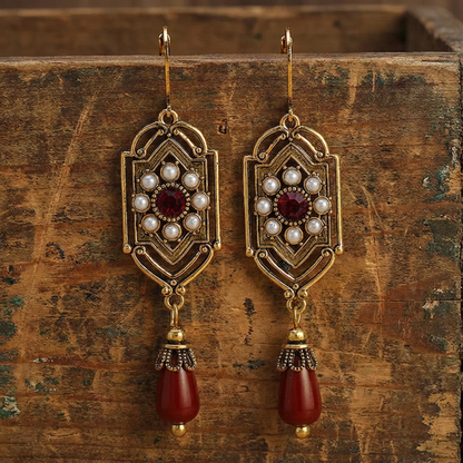 Vintage Red Crystal Pearl Gold Earrings