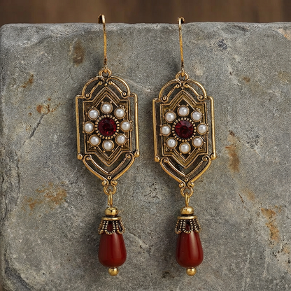 Vintage Red Crystal Pearl Gold Earrings