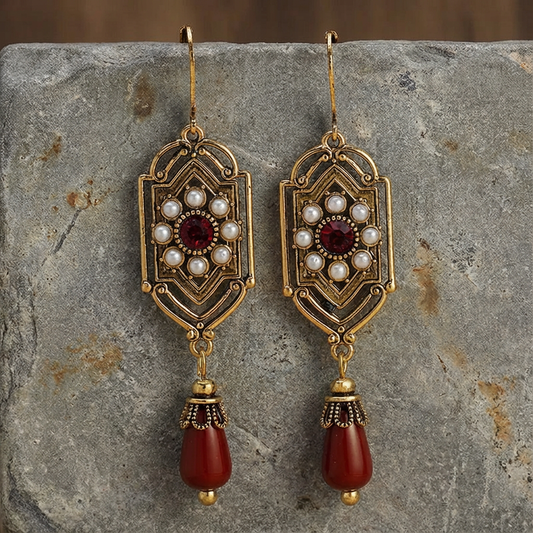 Vintage Red Crystal Pearl Gold Earrings
