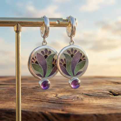 Boho Earrings with Purple Crystals in Sterling Silver