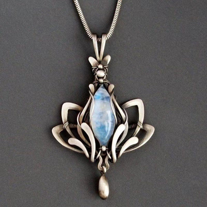 Vintage Lotus Inlaid Moonstone Pendant Necklace
