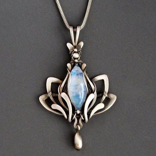 Vintage Lotus Inlaid Moonstone Pendant Necklace