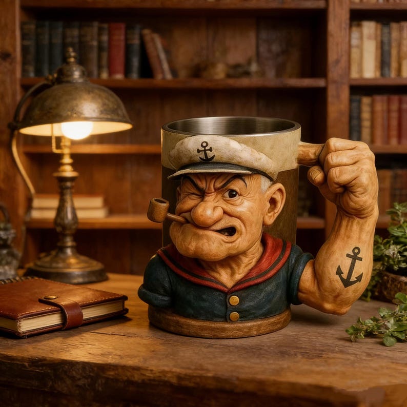Sailor Strongman Character Coffee Mug, 3D Arm Handle, Funny Novelty Cup, Gift for Him🏆
