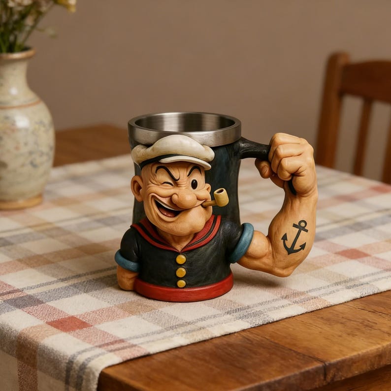 Sailor Strongman Character Coffee Mug, 3D Arm Handle, Funny Novelty Cup, Gift for Him🏆